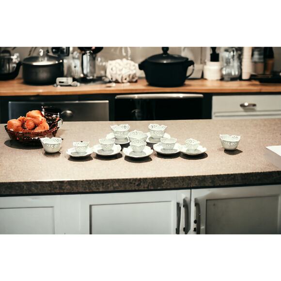 Japanese White Porcelain Cutout Bowl & Saucer Set-17pc-Pier 1 Lotus Accent Plate - Picture 8 of 10